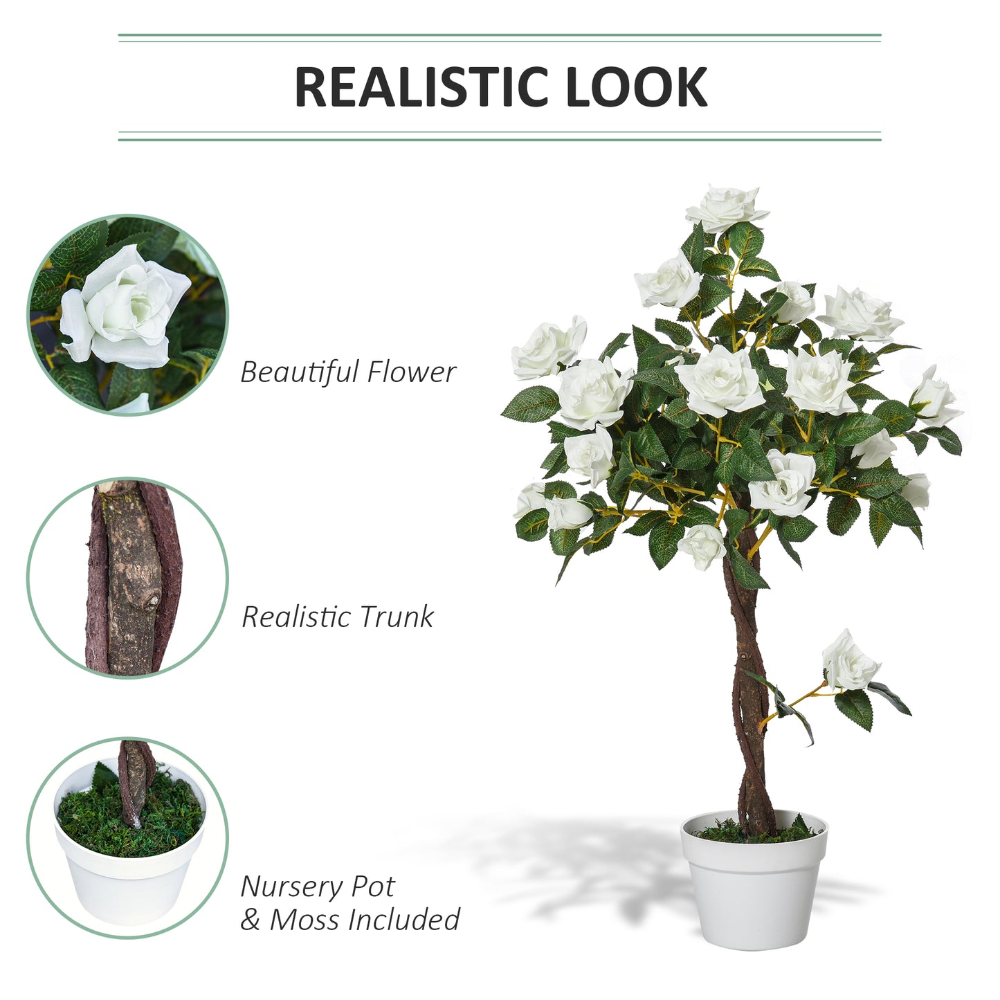 Artificial Camellia Tree Fake Decorative Plant 21 Flowers with Nursery Pot for Indoor Outdoor Décor, 90cm, White and Green