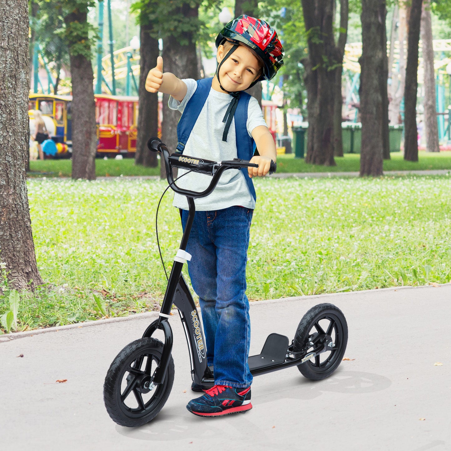 HOMCOM Bicycle Scooter, Kick Scooter for Kids, Big Wheel, Ride On Adjustable Height  Safety Braking 12" EVA Tyres, Black 