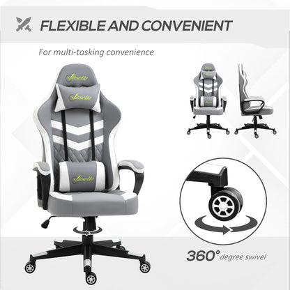 Ergonomic Gaming Chair w/ Lumbar Support, Headrest, Rocking Function, 360° Swivel, Grey White