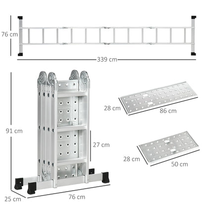 3.4M 5-in-1 Telescoping Ladder with 2 Safety Platforms, Alloy Aluminium Multi Purpose 4-Fold Collapsible Ladder with 12 Steps