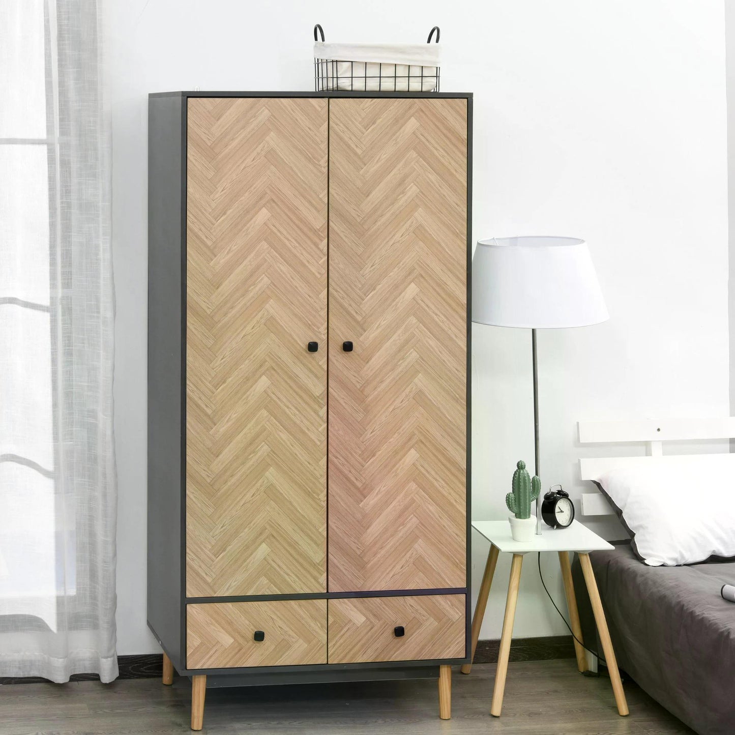 HOMCOM Cloth Wardrobe, Wood Grain Sticker Surface with Shelf, Hanging Rod and 2 Drawers 90x50x190cm 