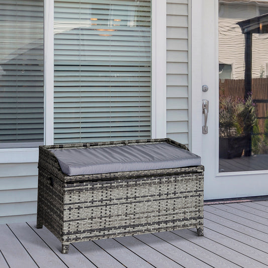 Outsunny Patio PE Rattan Wicker Storage Basket Box Bench Seat Furniture w/ Cushion Mixed Grey 