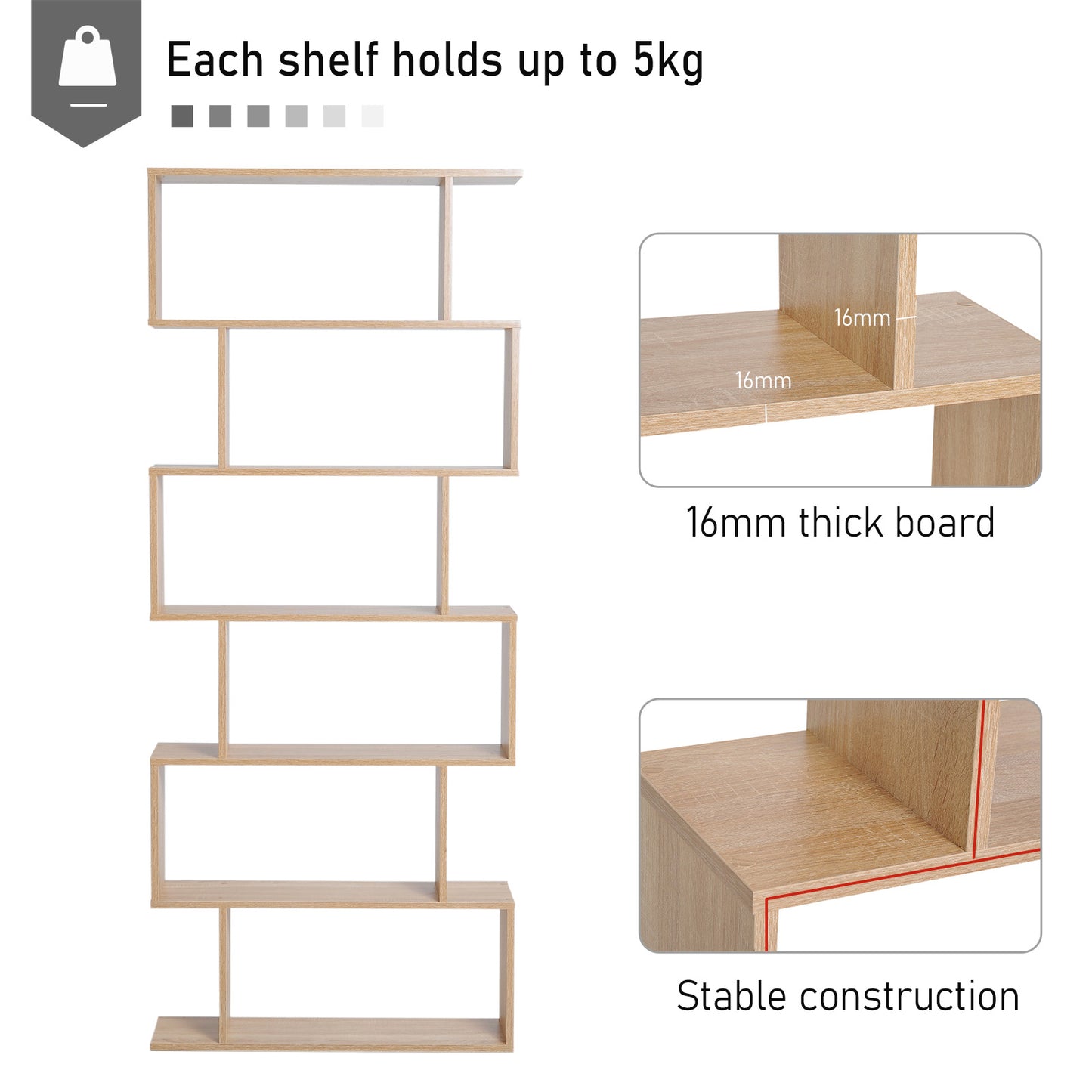 6 Tier Wooden Bookshelf Modern S-Shaped Shelf Unit Storage Display