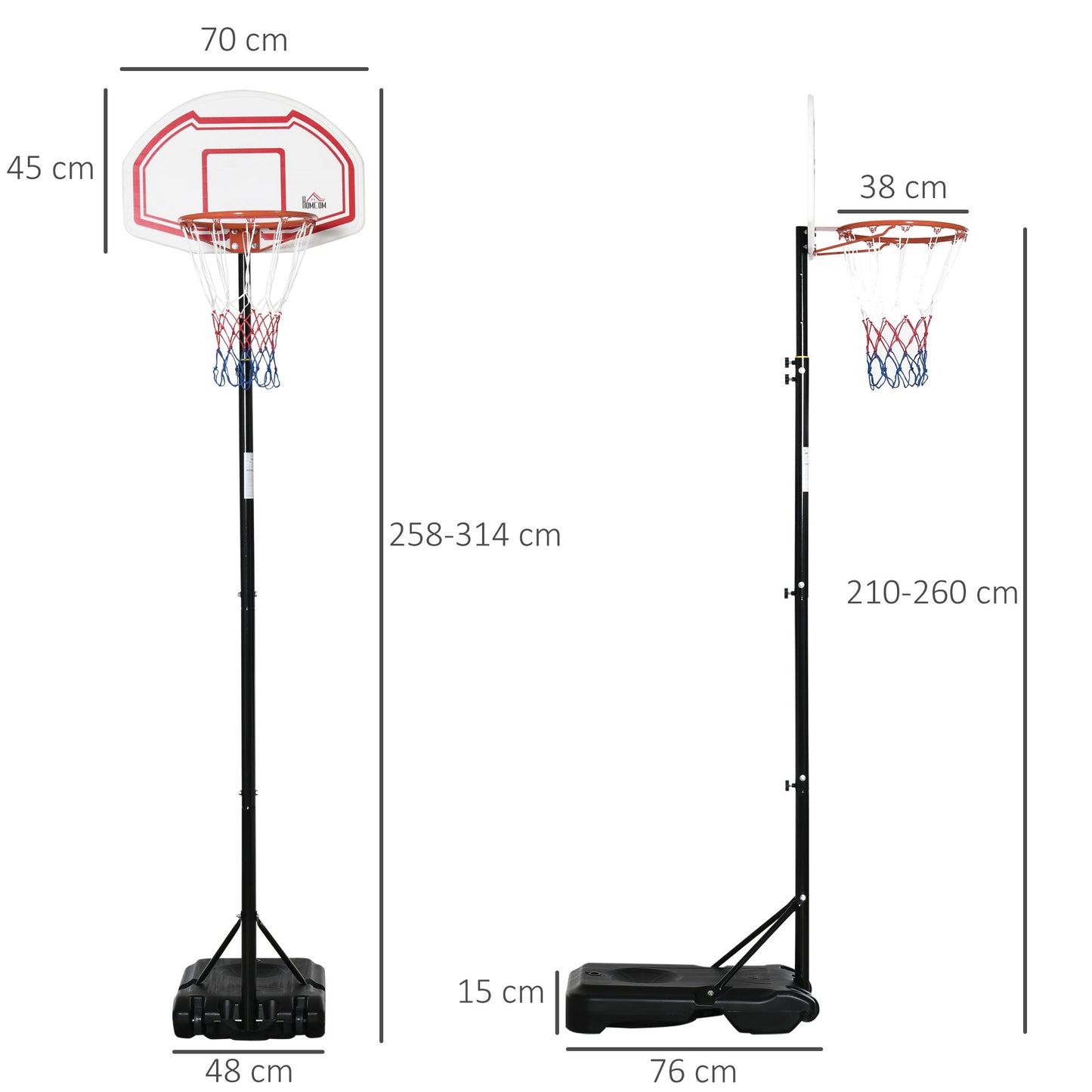 Basketball Hoop and Stand, Outdoor  Portable Sturdy Rim Adjustable Height from 258-314 cm w/ Wheels, Stable Base