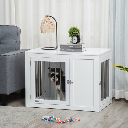 PawHut Wooden Dog Cage, with Two Lockable Doors, for Medium Dogs - White 