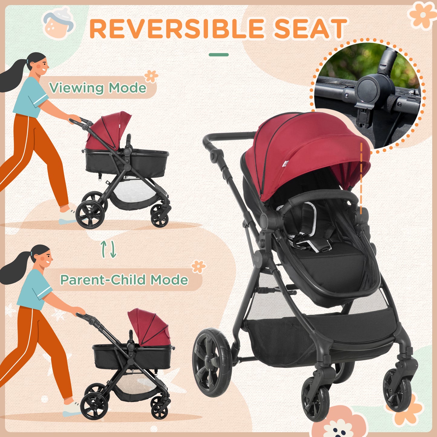 Baby Stroller Pram Pushchair 2 in 1 Lightweight w/ Reversible Seat, Foldable Travel, Fully Reclining From Birth to 3 Years, Red