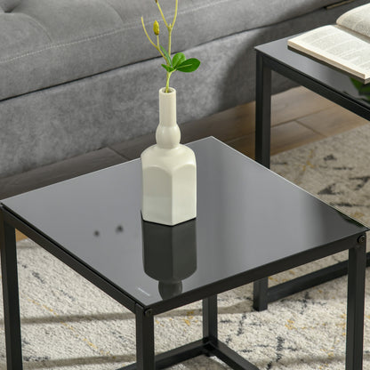 Nesting Tables Side Table, Modern Bedside Tables w/ Tempered Glass Desktop for Living Room Bedroom Office Black