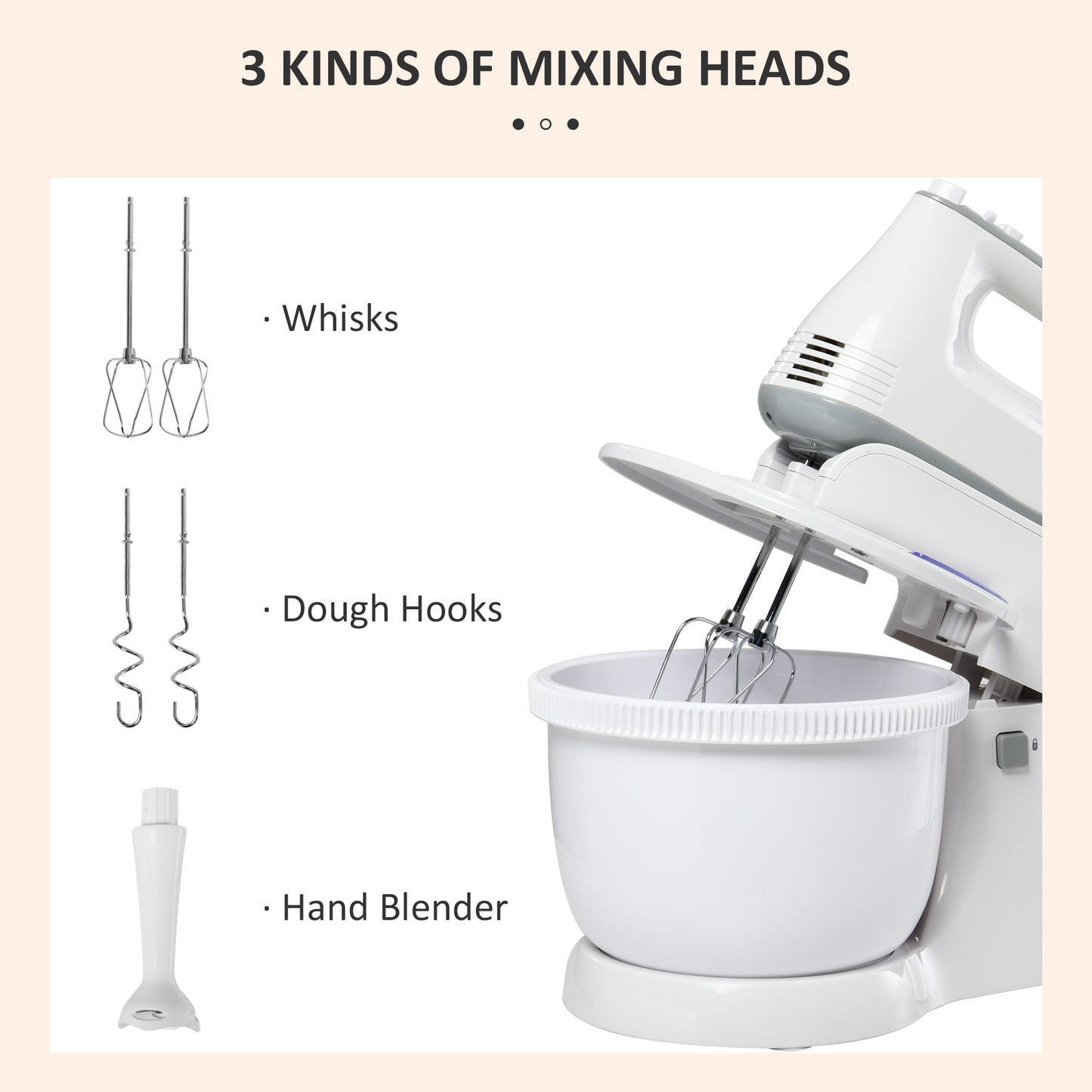 Electric Stand and Hand Blender with 6 Speed, Electric Hand Whisk, 3.4 Litre Mixing Bowl, Whisk, Dough Hooks and Beater