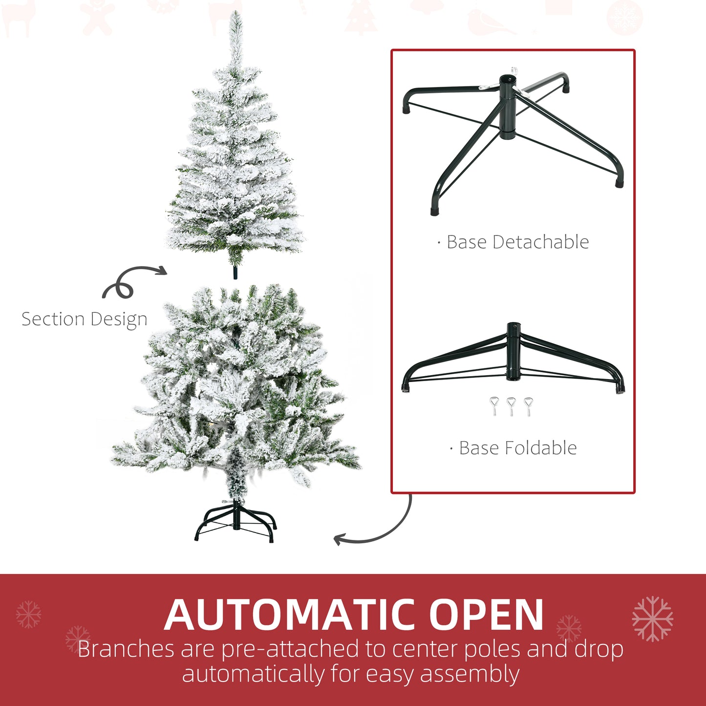 5ft Snow Flocked Artificial Christmas Tree Xmas Pine Tree with Realistic Branches, Auto Open and Steel Base, Green