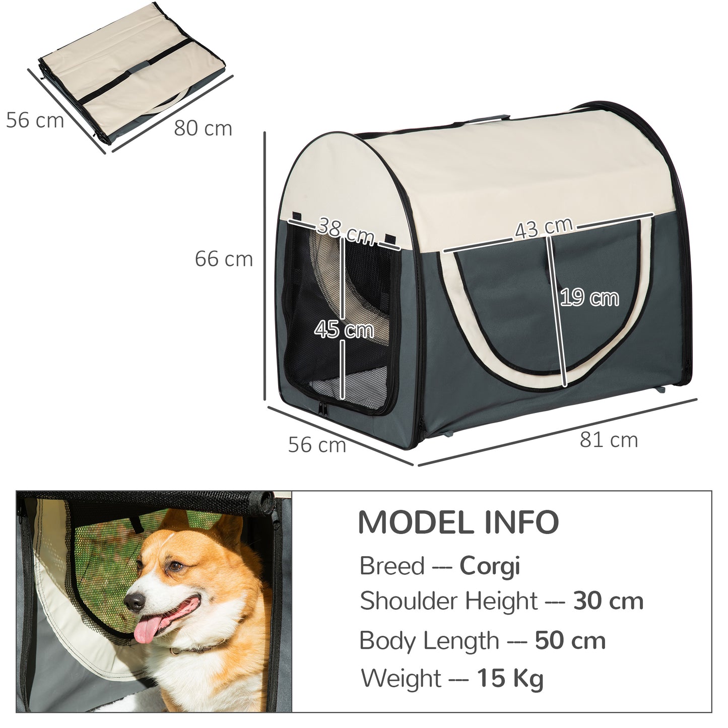 Small Medium Dog Crate Dog Carrier Dog Travel Crate Folding Fabric Soft 81Lx56Wx66Hcm-Grey