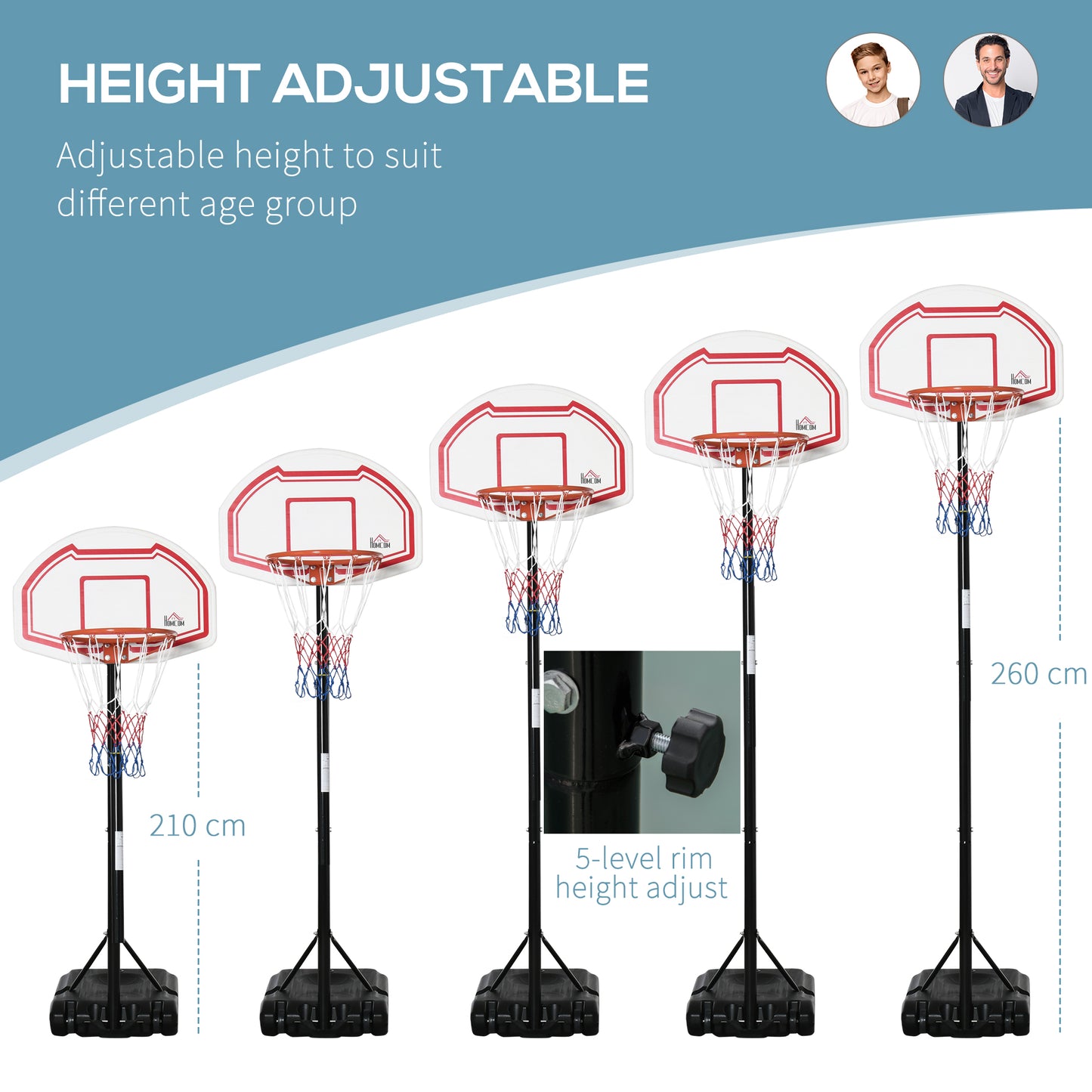 Basketball Hoop and Stand, Outdoor  Portable Sturdy Rim Adjustable Height from 258-314 cm w/ Wheels, Stable Base