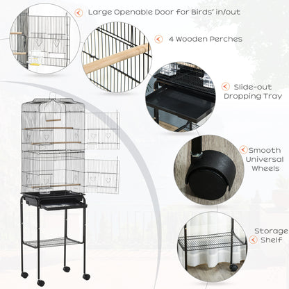 Bird Cage Budgie Cages for Finch Canary Parakeet w/ Stand Wheels Slide-out Tray Storage Shelf Black 36 x 46.5 x 157 cm