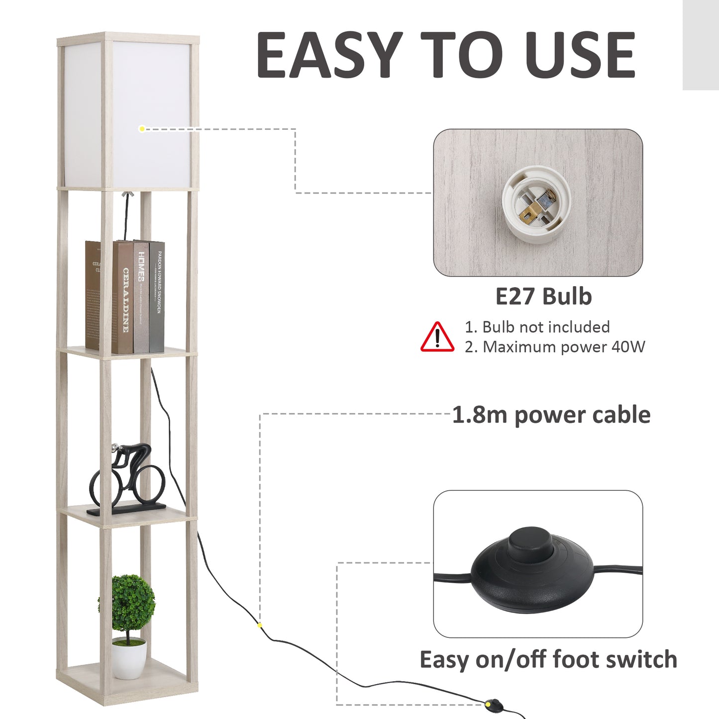 4-Tier Floor Lamp, Floor Light with Storage Shelf, Reading Standing Lamp-White and Oak