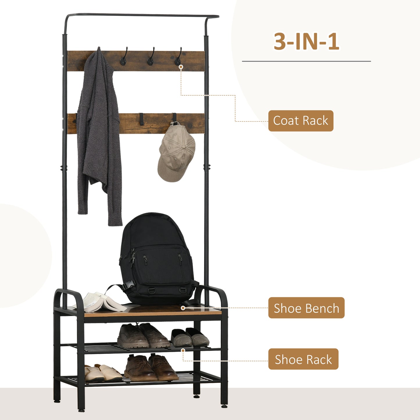 Hallway Organiser Unit Industrial Vintage Hanger for Coats Bags Shoes Freestanding Metal Frame w/ 8 Hook 2 Shelves