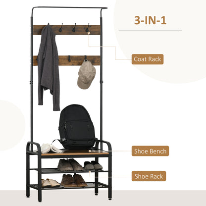 Hallway Organiser Unit Industrial Vintage Hanger for Coats Bags Shoes Freestanding Metal Frame w/ 8 Hook 2 Shelves