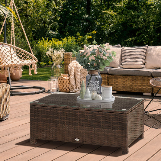 Outsunny Rattan Garden Furniture Coffee Table Patio Tempered Glass Mixed Brown