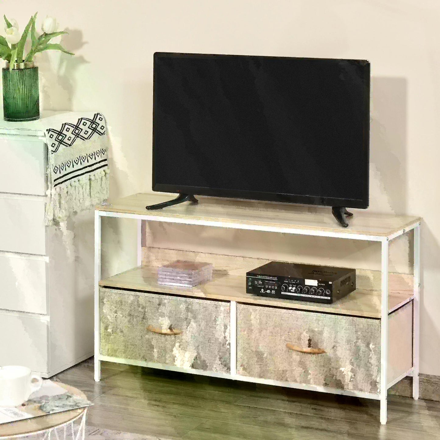 HOMCOM TV Cabinet, TV Console Unit with 2 Foldable Linen Drawers, TV Stand with Shelving for Living Room, Entertainment Room 