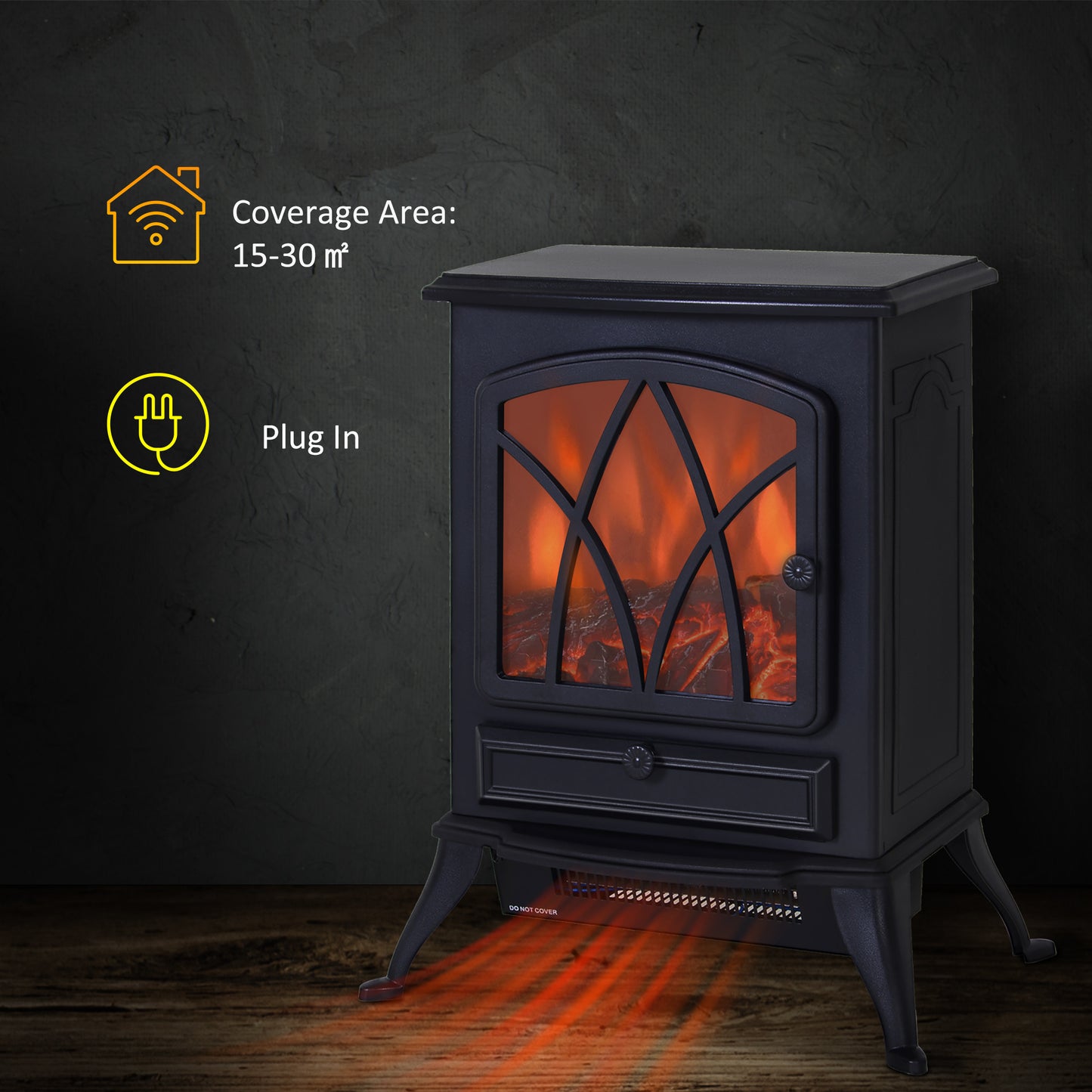 1850W Flame Effect Electric Free Standing Fireplace W/Fan and Log Burning Stove Heater-Black