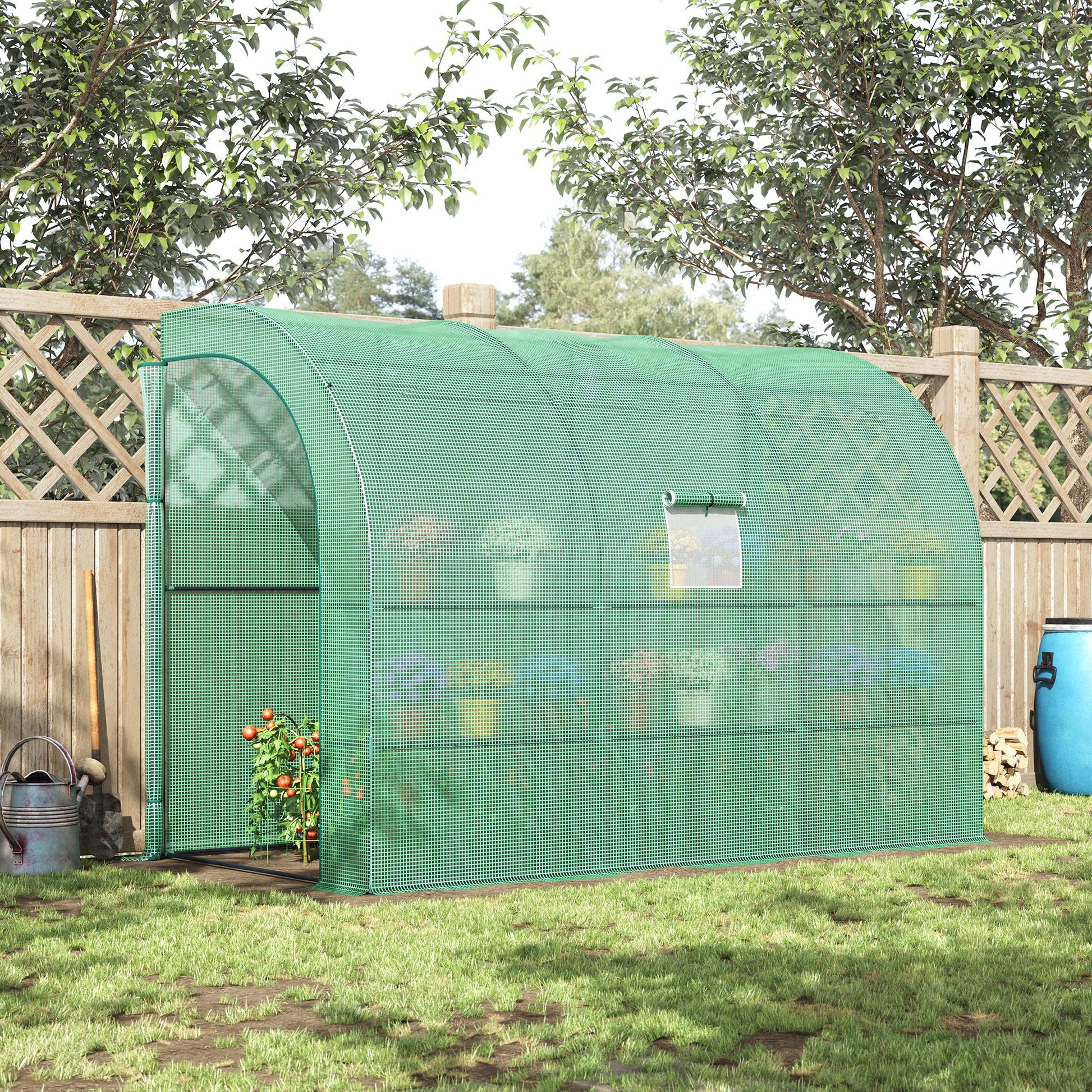 Outsunny Walk-In Lean to Wall Greenhouse with Windows and Doors 2 Tiers 6 Wired Shelves 300L x 150W x 213Hcm Green 