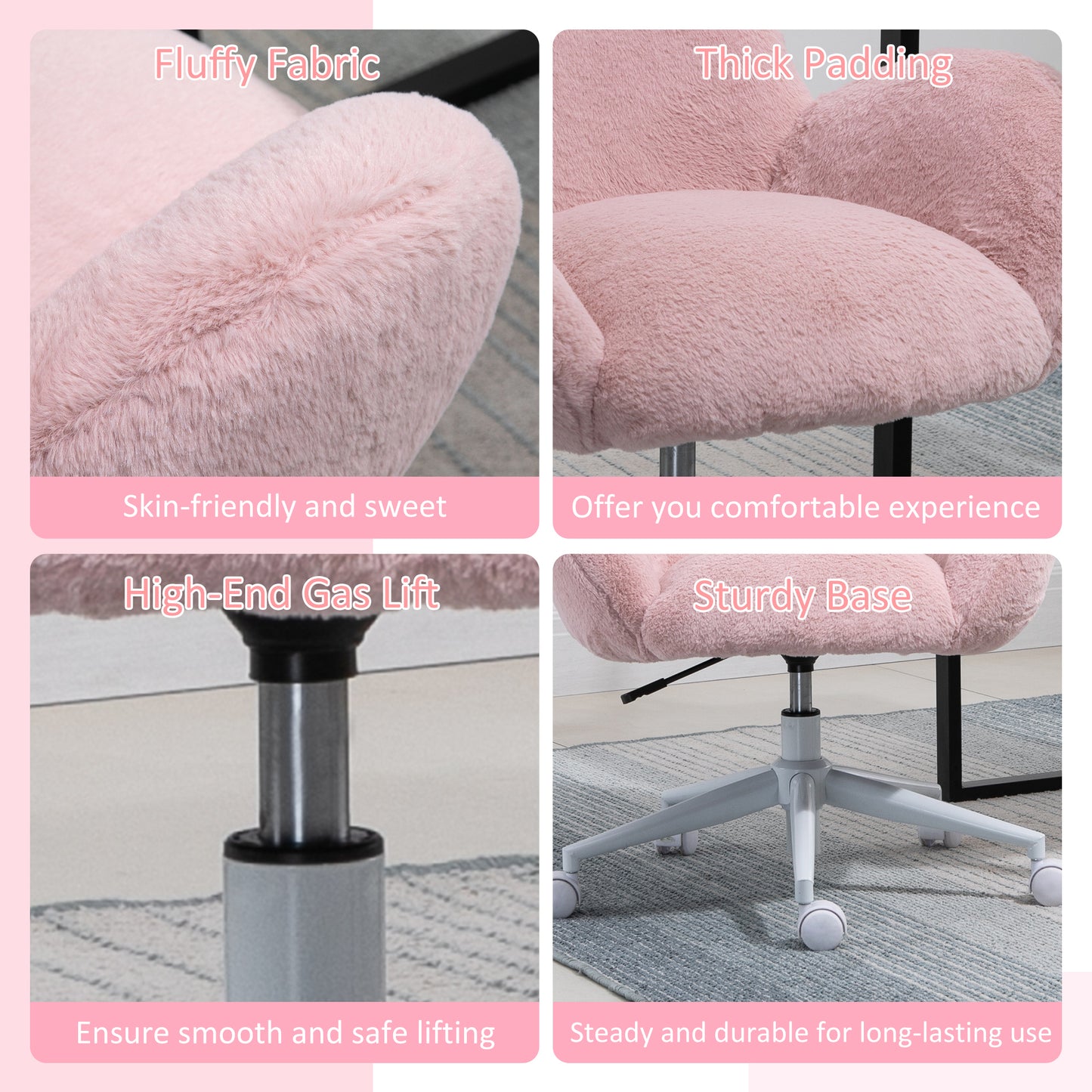 Pink Desk Chair, Faux Fur for Girls, Ladies Home Living Room with Wheels, Pink