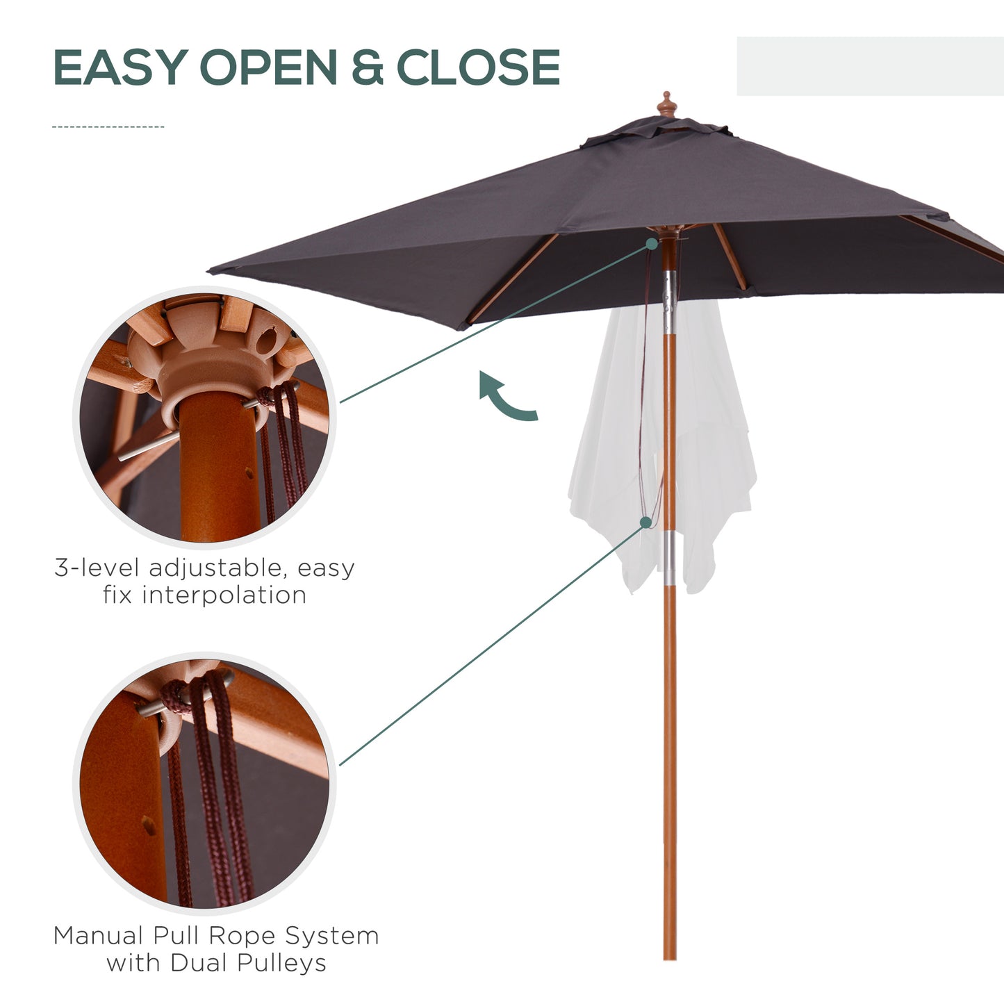 2 x 1.5m Patio Garden Parasol Sun Umbrella Sunshade Canopy Outdoor Backyard Furniture Wood Wooden Pole 6 Ribs Tilt Mechanism - Deep Grey