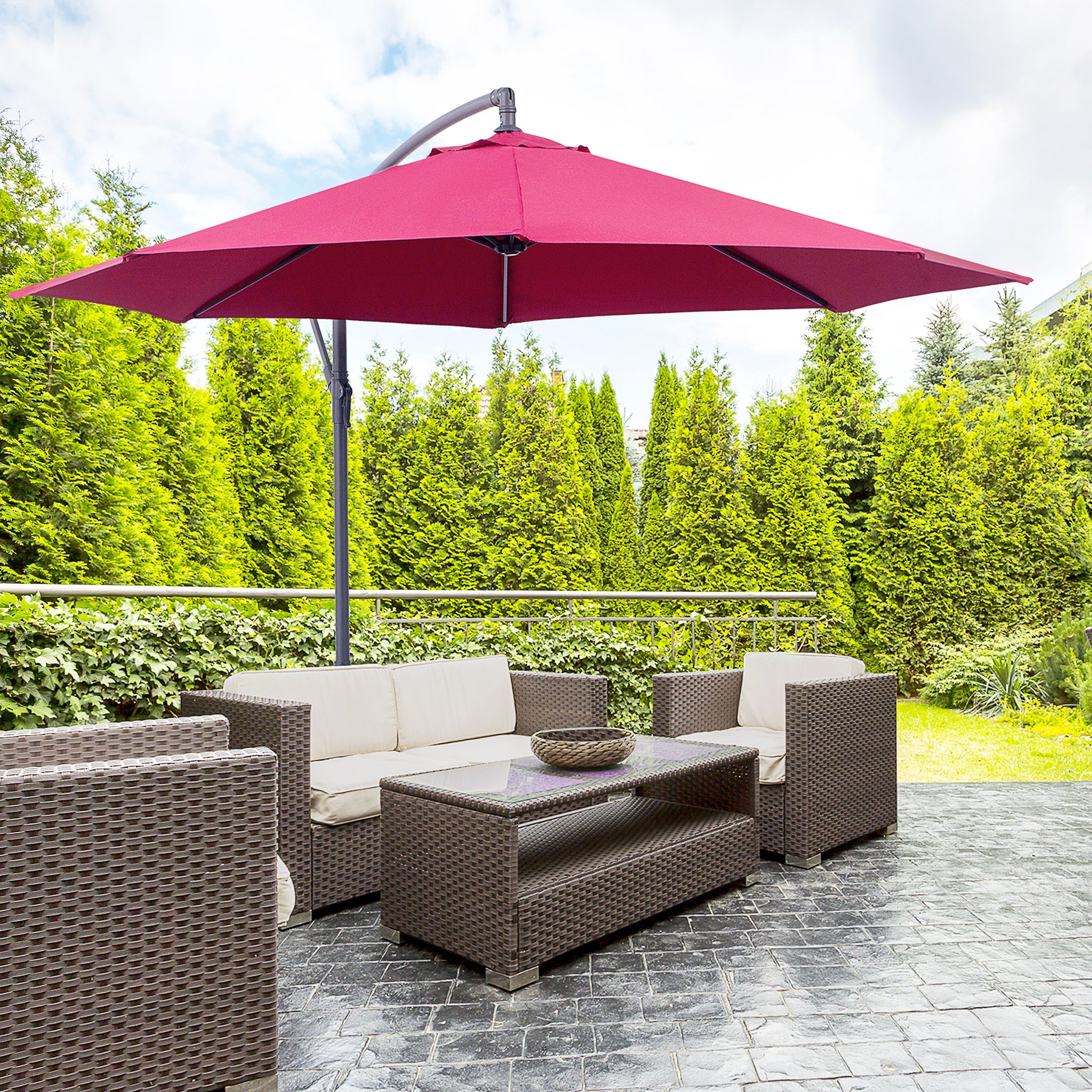 Outsunny 3m Garden Hanging Umbrella Parasol Sun Shade Banana Rattan Set Cantilever-Red 