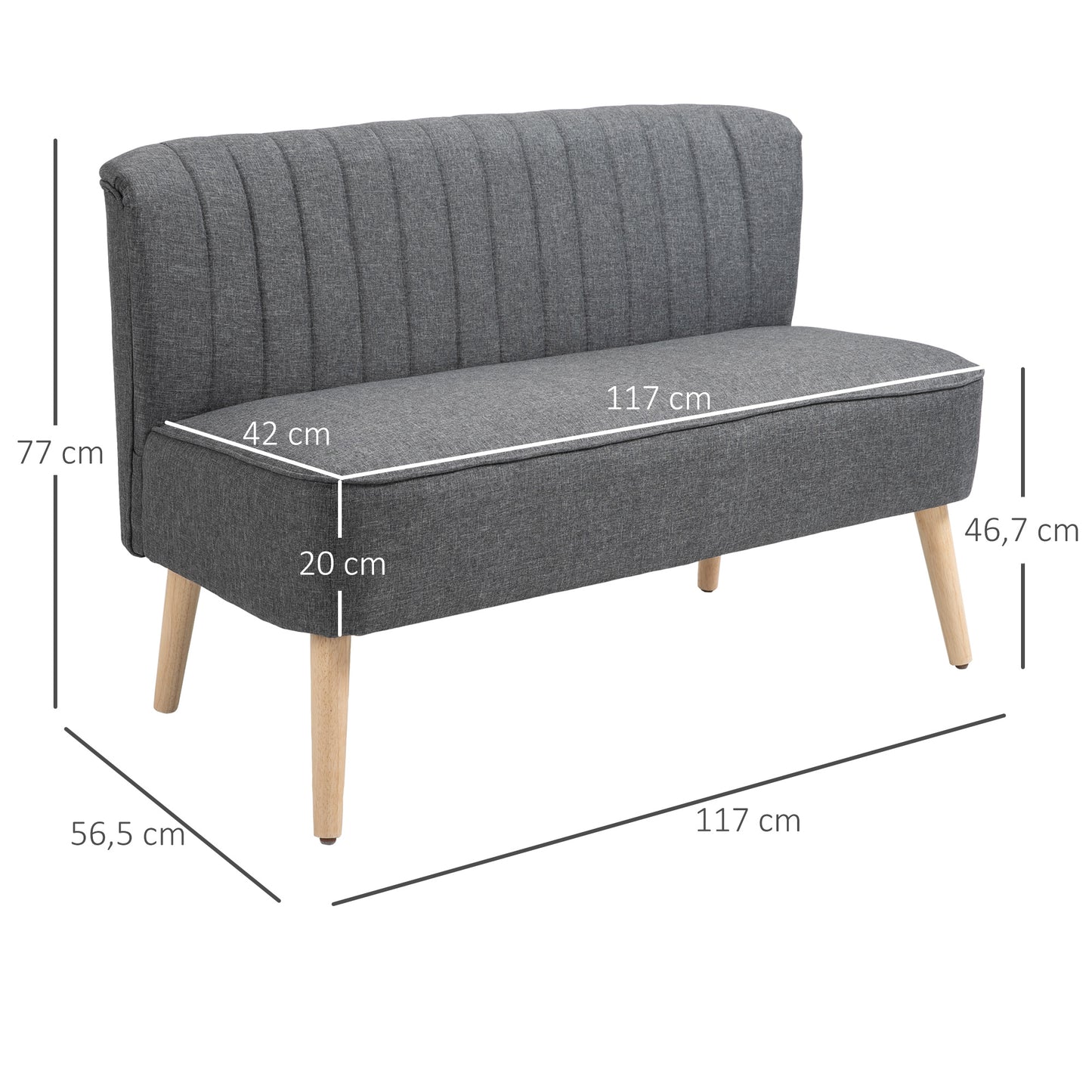 Modern Double Seat Sofa Compact Loveseat Couch Padded Linen Wood Legs Grey