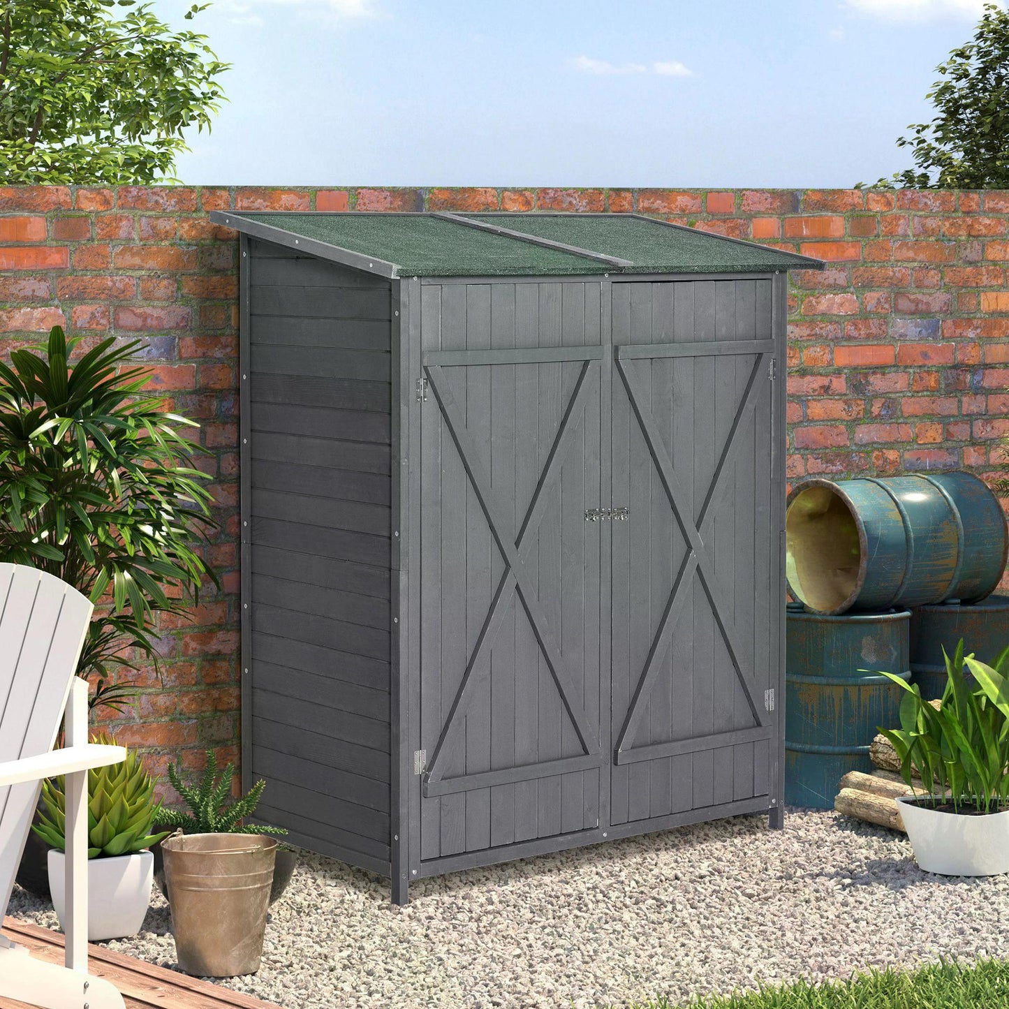 Garden Wood Storage Shed w/ Storage Table, Asphalt Roof, Double Door Lockable Sheds & Outdoor Storage Tool Organizer Grey