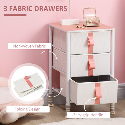 3 Drawer Chest of Drawers, Fabric, Metal Frame and Wooden Top, Storage Cabinet for Kids Room, Living Room, Pink