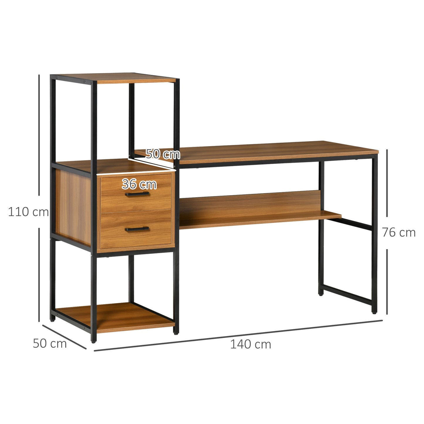 Corner Desk with Storage, with Drawers, for Bedroom, Study Room, Walnut Brown Black