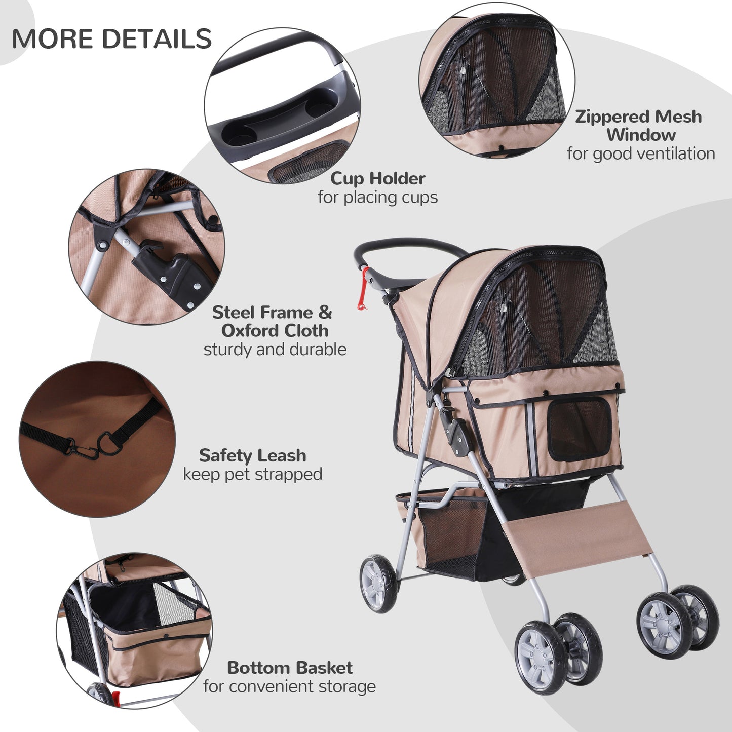 Cat Stroller, Pram, Pushchair, Foldable, Zipper Entry Cup Holder Carrier Cart Wheels-Brown/Silver