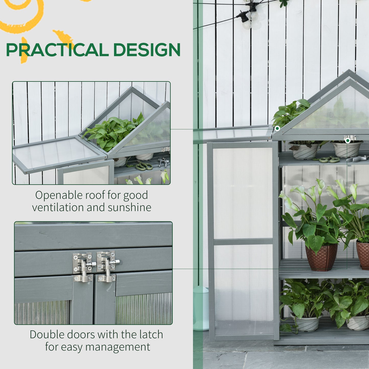 Garden Polycarbonate Cold Frame Greenhouse Grow House Flower Vegetable Plants w/ Adjustable Shelves, Double Doors Grey