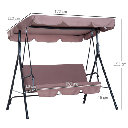 3 Seater Canopy Swing Chair Heavy Duty Outdoor Garden Bench with Sun Cover Metal Frame - Brown