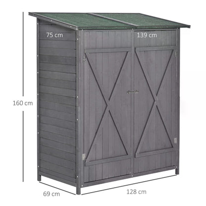 Garden Wood Storage Shed w/ Storage Table, Asphalt Roof, Double Door Lockable Sheds & Outdoor Storage Tool Organizer Grey