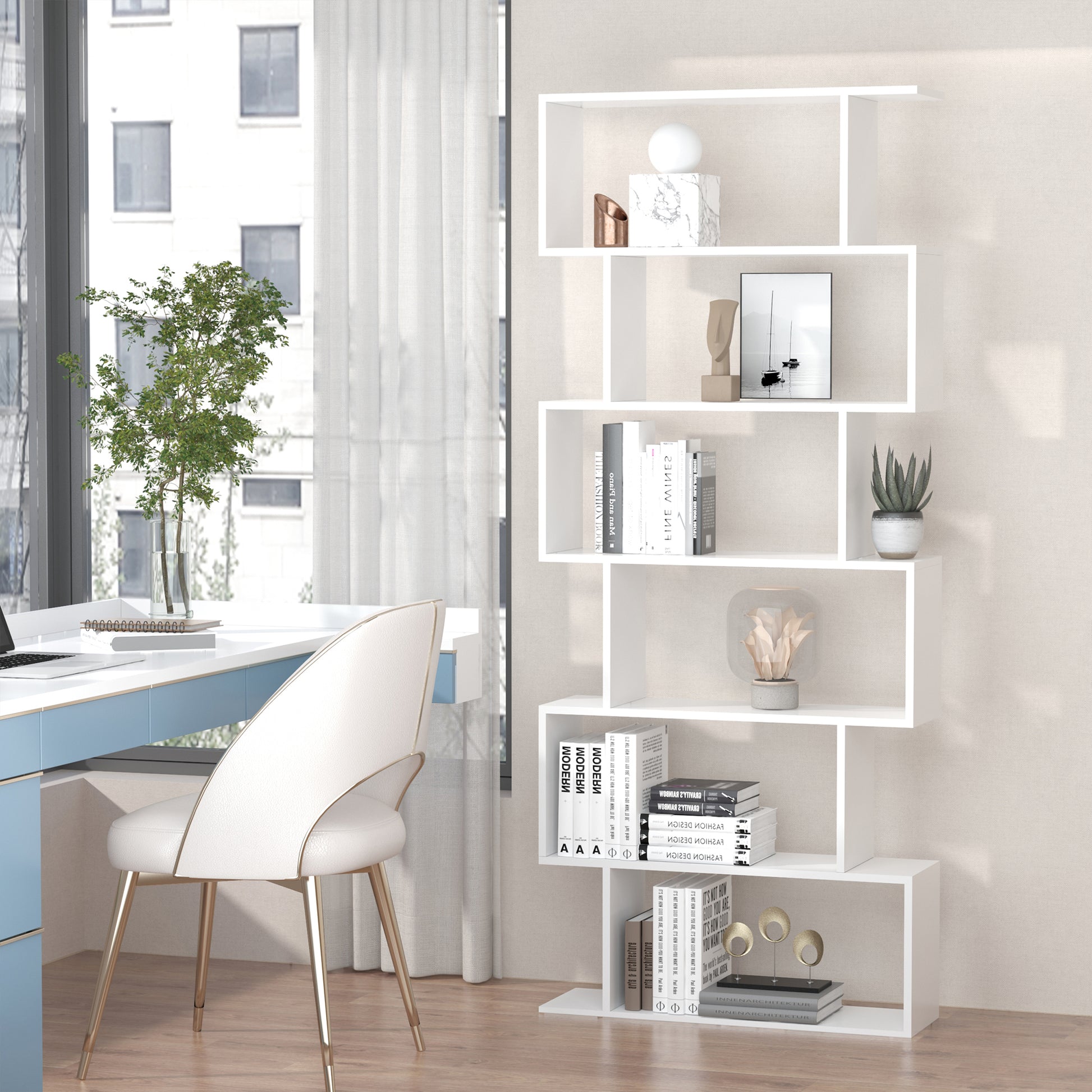 HOMCOM 6 Tier Wooden Bookshelf Modern S-Shaped Shelf Unit Storage Display White 