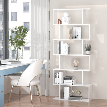 HOMCOM 6 Tier Wooden Bookshelf Modern S-Shaped Shelf Unit Storage Display White 