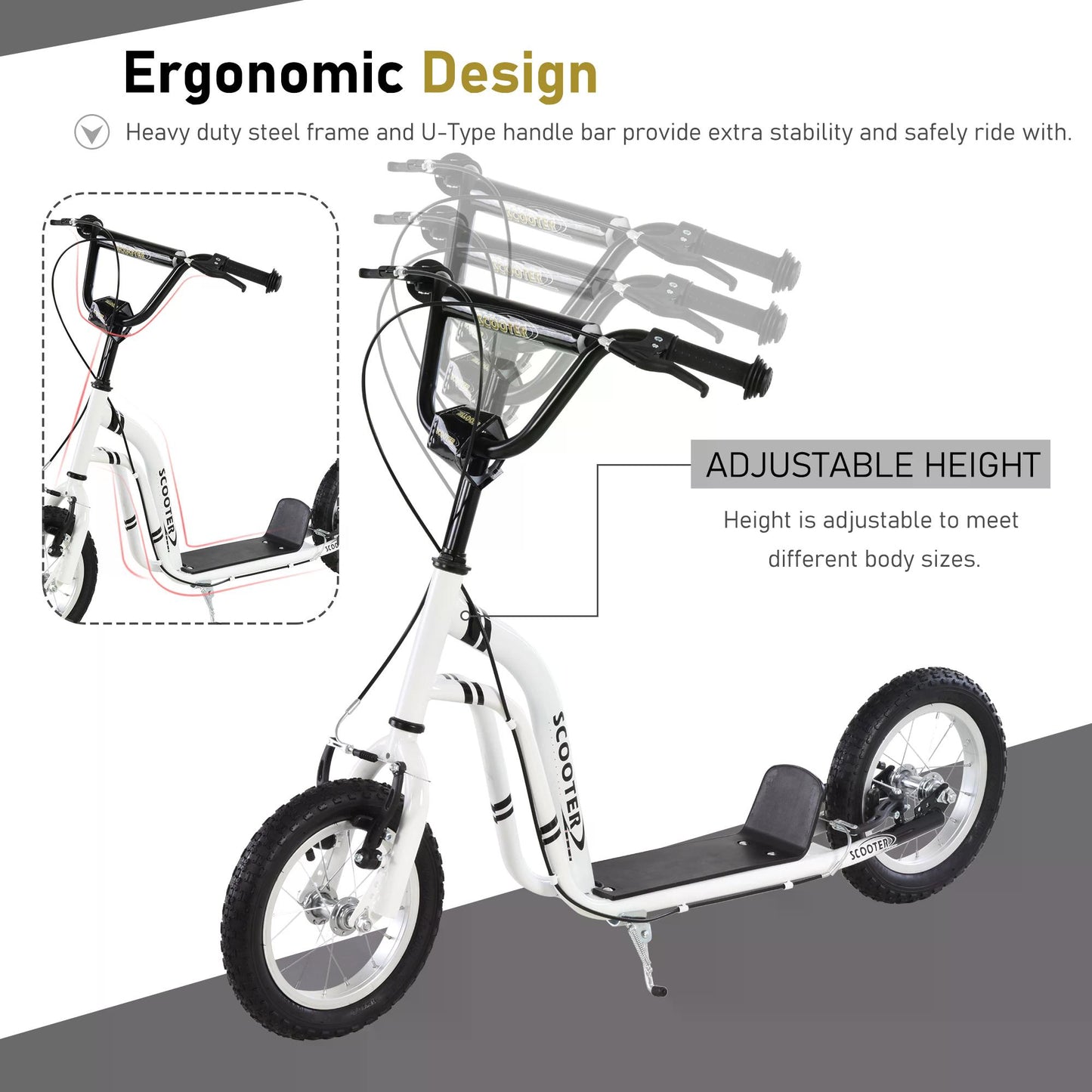 Big Wheel Scooter, Bicycle Scooter, Kick Scooter for Kids, Front and Rear Caliper Dual Brakes 12-Inch Inflatable Front Wheel