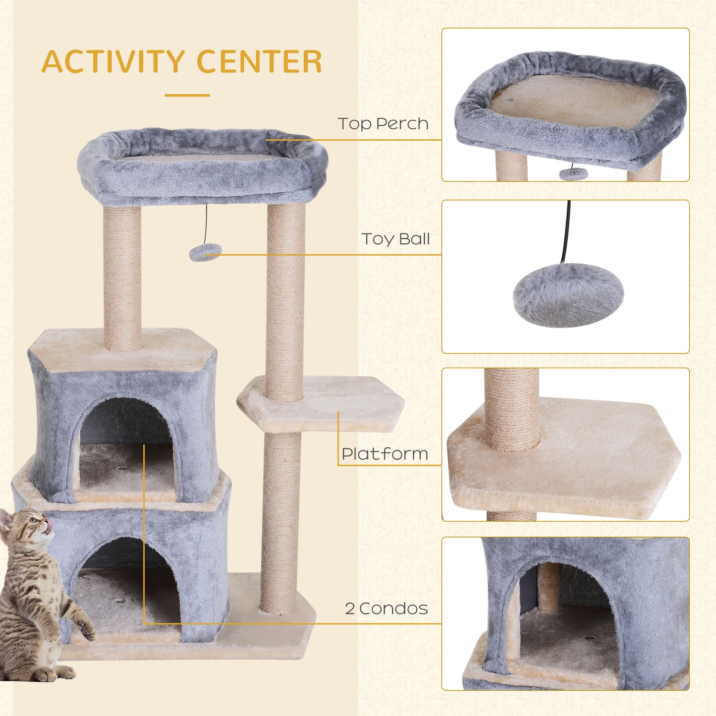 Cat Cave, 92cm Cat Tree Cat Tower, for Kitten, w/ Scratching Post, Cat Bed, Perch, Grey