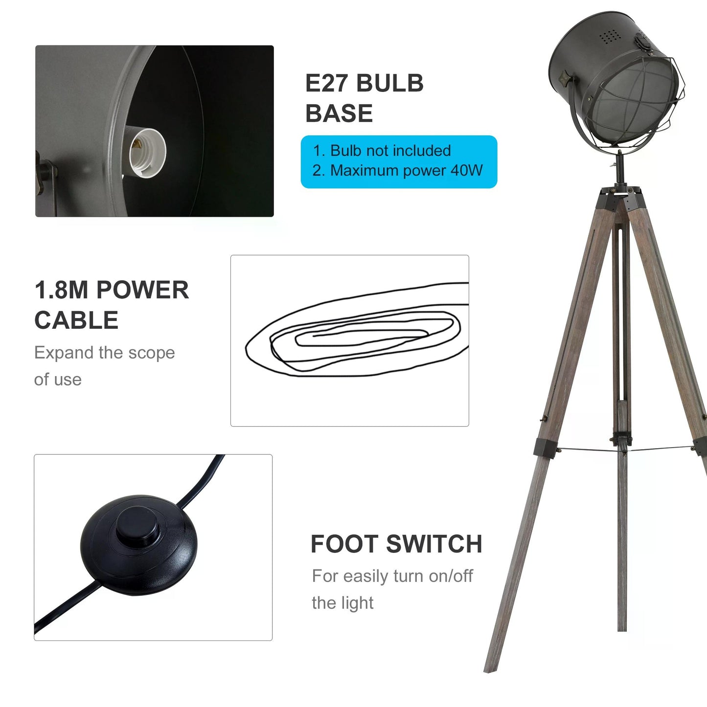 Floor Spotlight, Industrial Tripod Floor Lamp, Pine Wood, Tempered Glass Lens, Non-slip Feet w/Silver U-shaped Bracket, Bedside