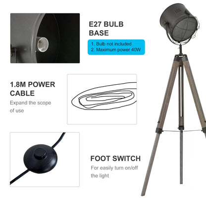 Floor Spotlight, Industrial Tripod Floor Lamp, Pine Wood, Tempered Glass Lens, Non-slip Feet w/Silver U-shaped Bracket, Bedside