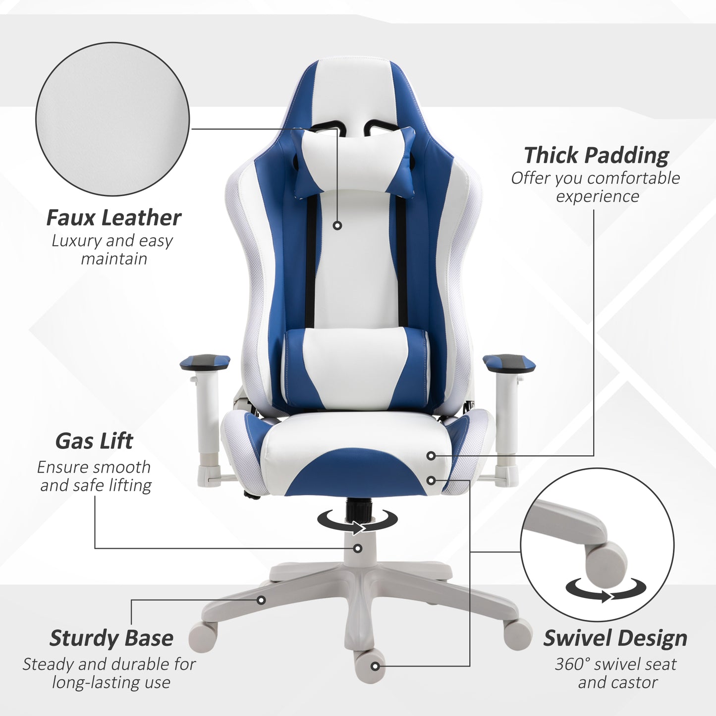 Blue Gaming Chair, with Led Light, Bluetooth Speakers Music Video Game Chair Pu Leather With Removable Pillows