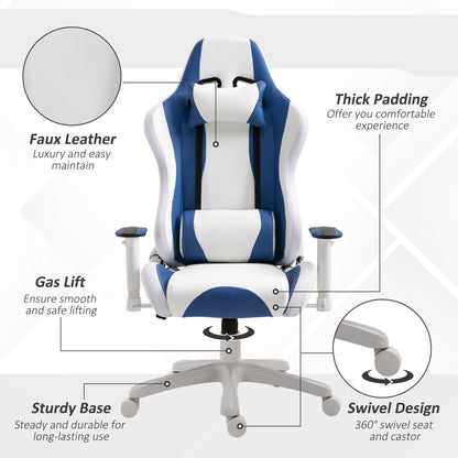 Blue Gaming Chair, with Led Light, Bluetooth Speakers Music Video Game Chair Pu Leather With Removable Pillows