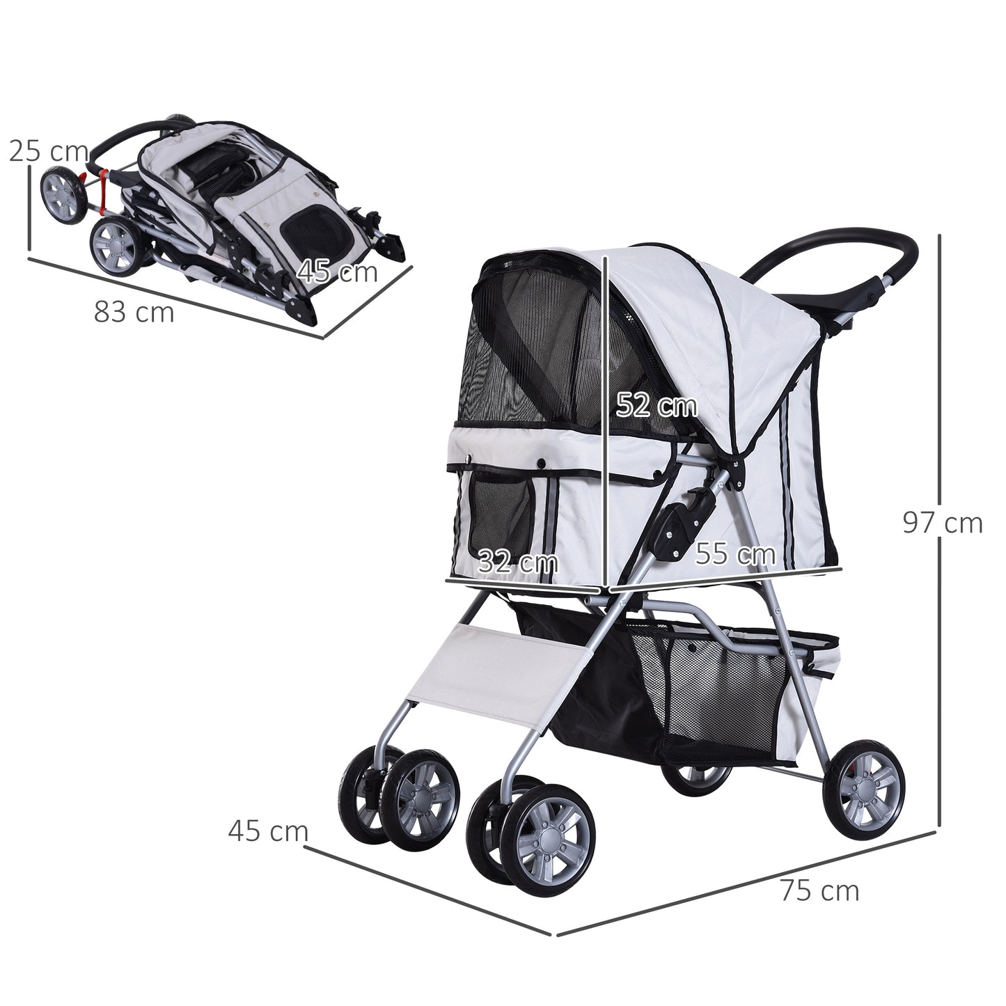 Cat Pushchair, Foldable, W/ 4 Wheels - Grey & Silver