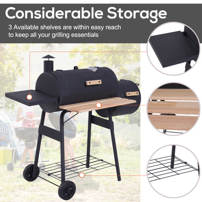 Portable Charcoal BBQ Grill, Cold-rolled Steel, Solid Wood, 124Lx53Wx108H cm-Black