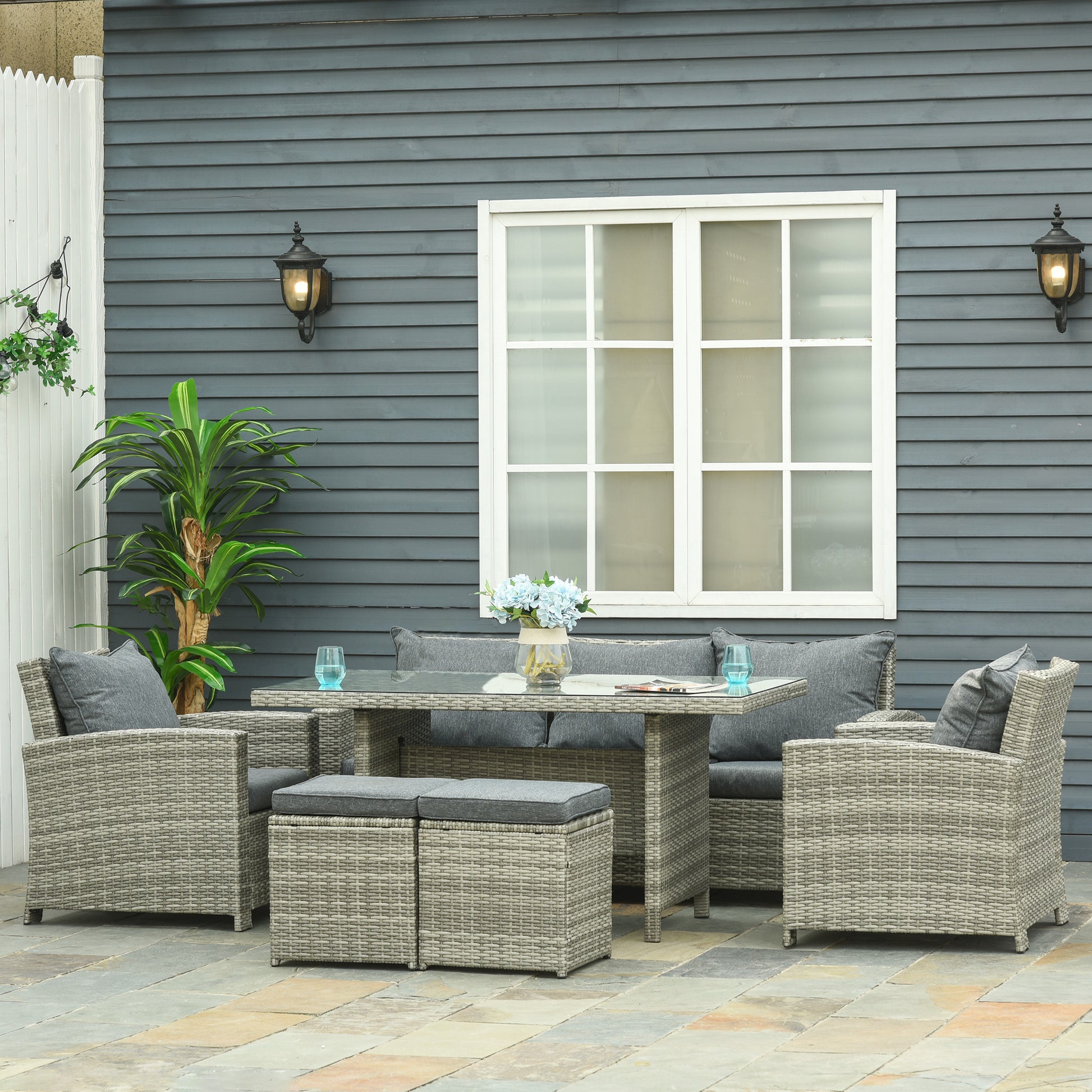 Outsunny 6Pcs Rattan Dining Set Sofa Table Footstool Outdoor w/ Cushion Garden Furniture