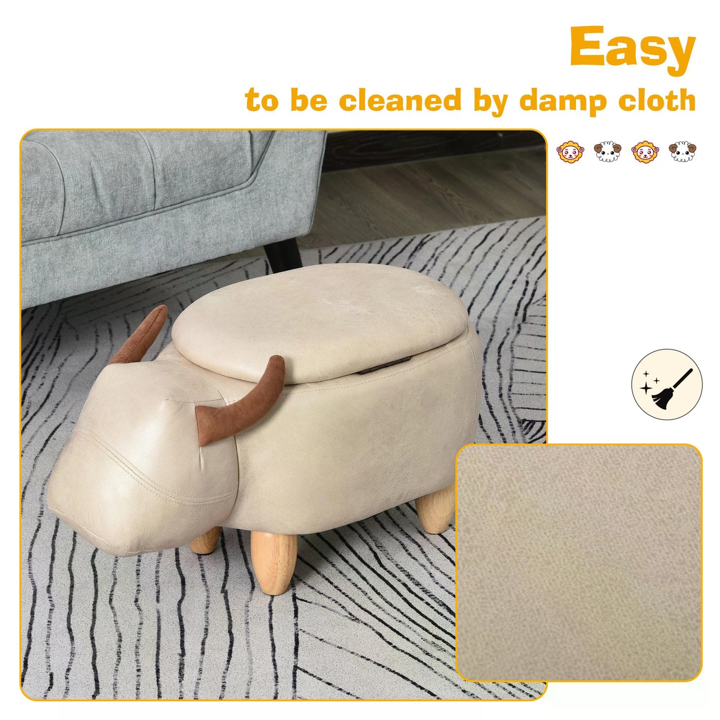 PU Leather Upholstered Cow Storage Stool Ivory