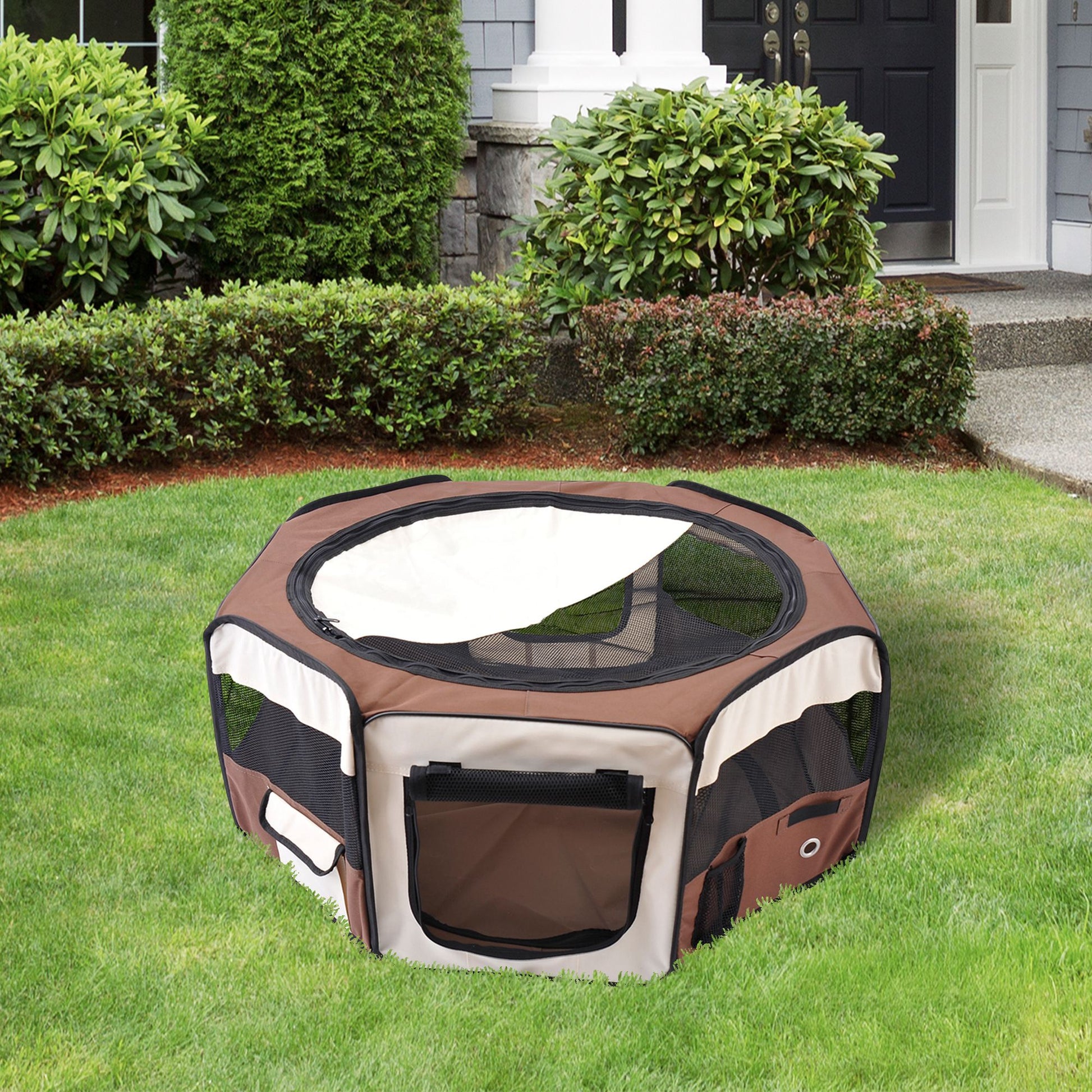 Pawhut Fabric Pet Dog Playpen Octagon Shape 8 Panels Portable L37cm xH37cm xD95cm Brown and Cream