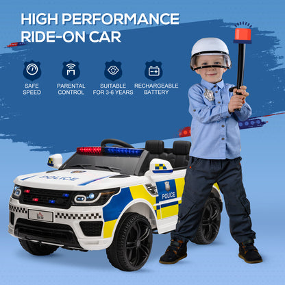 12V Kids Portable Electric Ride On Police Car with Parental Remote Control Siren Flashing Lights USB Bluetooth White