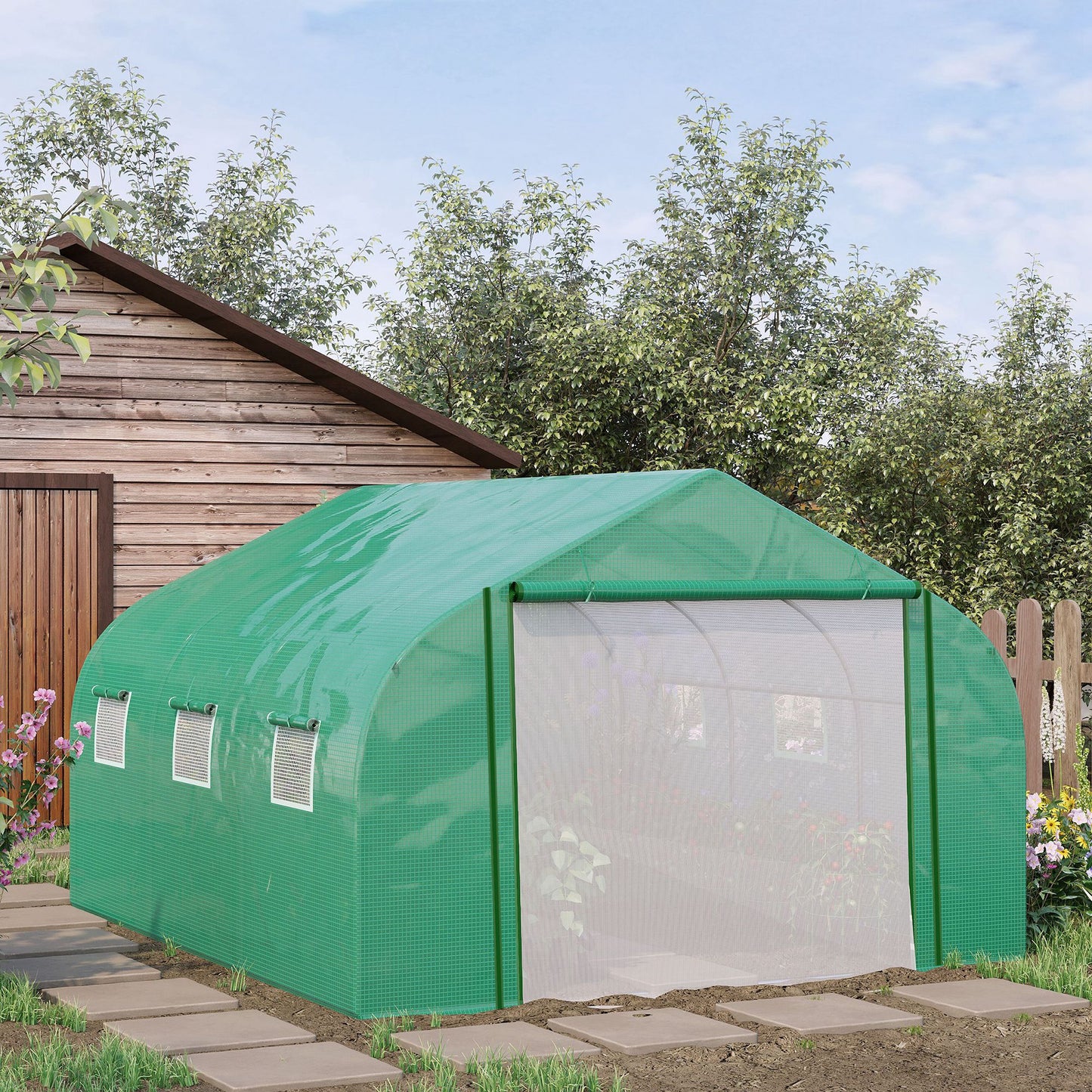 Outsunny Walk-in Polytunnel Garden Greenhouse Outdoor Mesh Door Greenhouse W/ PE Cover&6 Windows 3.5 x 3 x 2m Green 