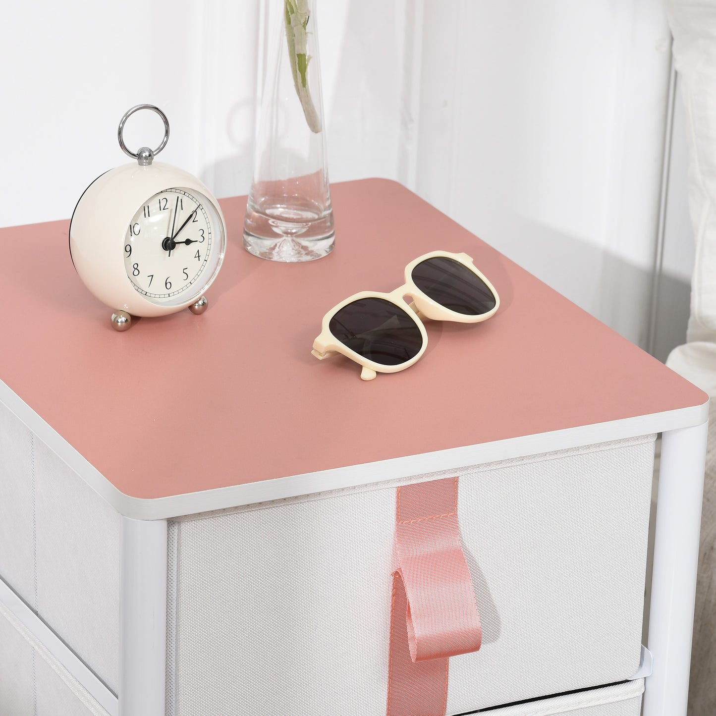 3 Drawer Chest of Drawers, Fabric, Metal Frame and Wooden Top, Storage Cabinet for Kids Room, Living Room, Pink